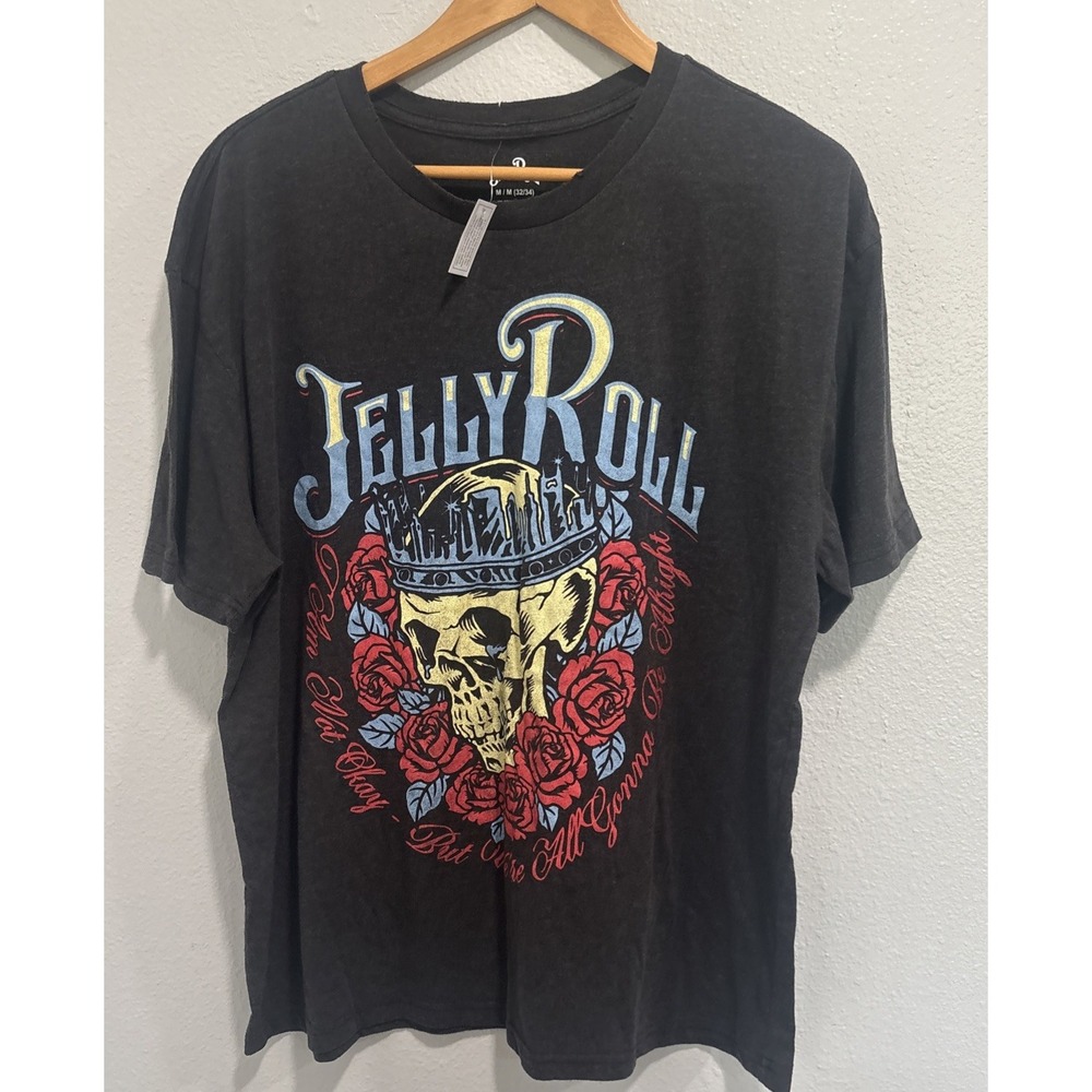 Jelly Roll Graphic Band T-Shirt Medium Black Skull and Roses Distressed Design